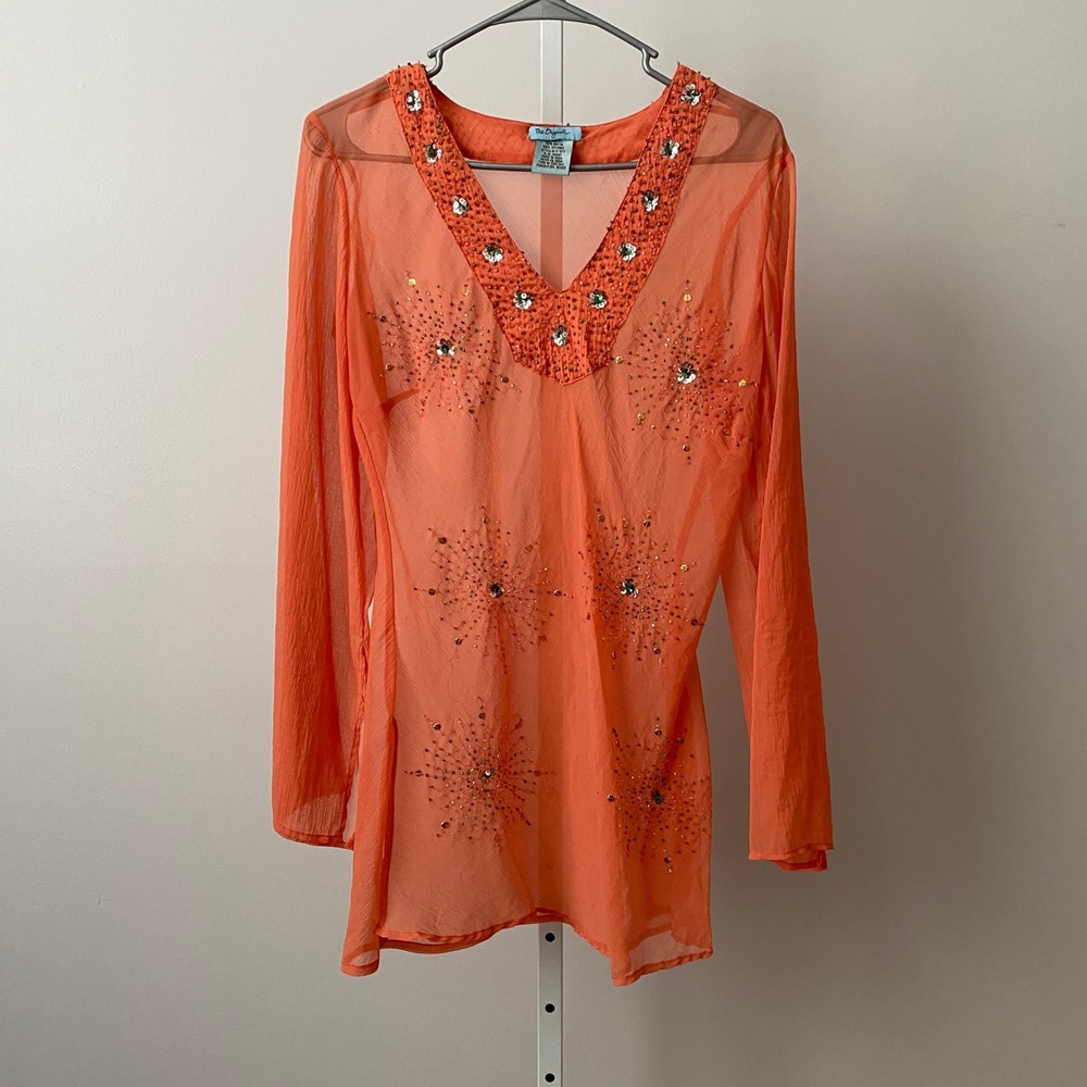 The Original Boho Beachy Embellished Sheer V-Neck Tunic Top M Orange